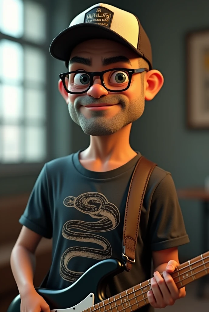 A cartoon character of a 50-year-old Japanese man with no beard, wearing a shaved head, a bass cap, black glasses and a T-shirt with a picture of a snake, holding a bass guitar, Anime characters, Stylized characters, Animation-style rendering, 3D stylized, Arnold Maya Rendering, 3D rendering style, toon render keyshot, 3D Characters, 3D Characters, 3D rendering style, 3D Charactersレンダリング, Cartoon characters, Close-up Character, Character pose, (Pixar Style) (Master Parts:1.2) (Bokeh) (Highest quality) (Fine skin) (Fine texture) (8k) (clay) (Cinema Lighting) (Sharp focus)