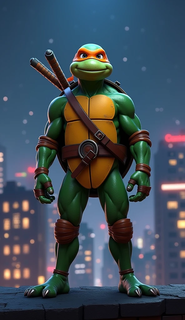 Michelangelo, in his classic form, stands on a rooftop under the night sky, his nunchaku casually slung over his shoulder. The familiar orange mask frames his bright, expressive eyes, filled with a mix of youthful excitement and a deep sense of loyalty to his brothers. The city lights below cast a soft glow on his green skin, highlighting the confident yet carefree grin that defines him. In this moment, Michelangelo embodies the heart of the Teenage Mutant Ninja Turtles—playful, courageous, and always ready for adventure, with a spirit that shines as brightly as the city he protects.