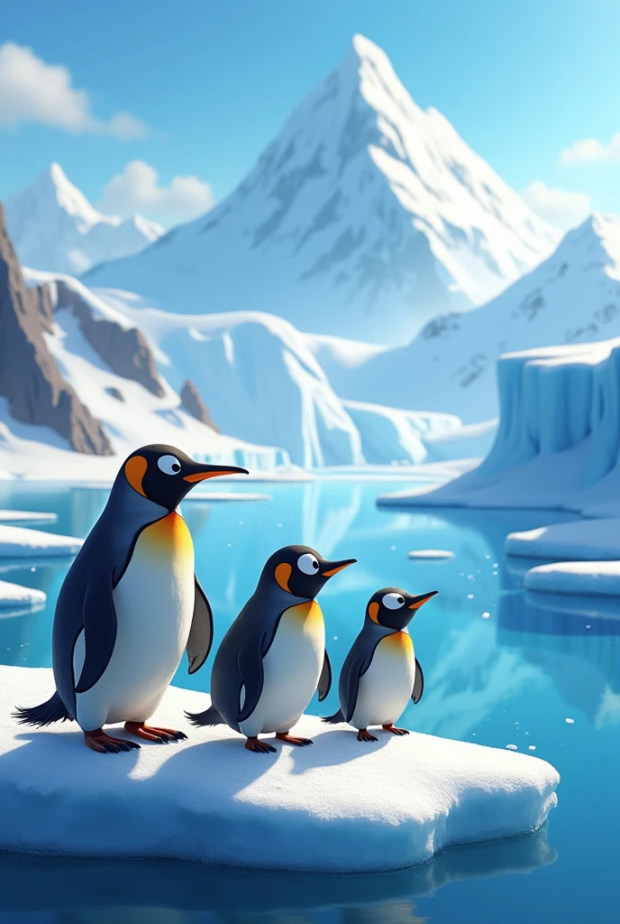 Pixar-type image showing climate change in Antarctica, rising sea levels and melting glaciers