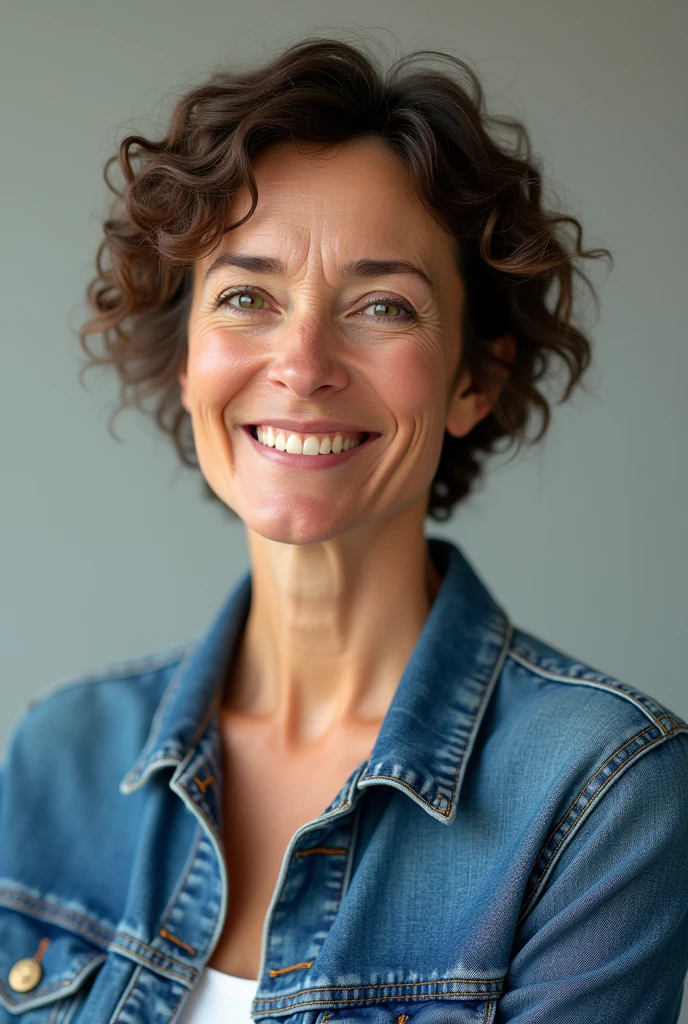 (Photorealism:1.2L) woman 50 years old, short and curly hair, wearing jeans.