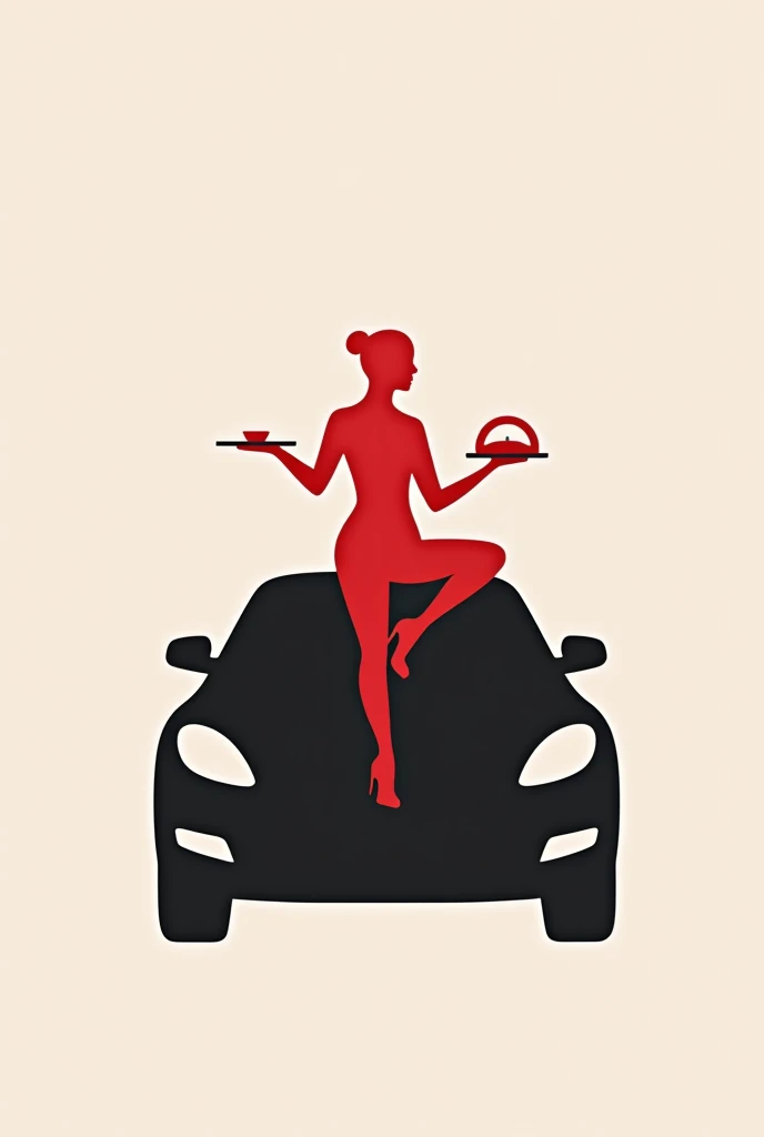 red faceless waitress shape sitting on top of a black car and the waitress holding a tray, for a logo 

