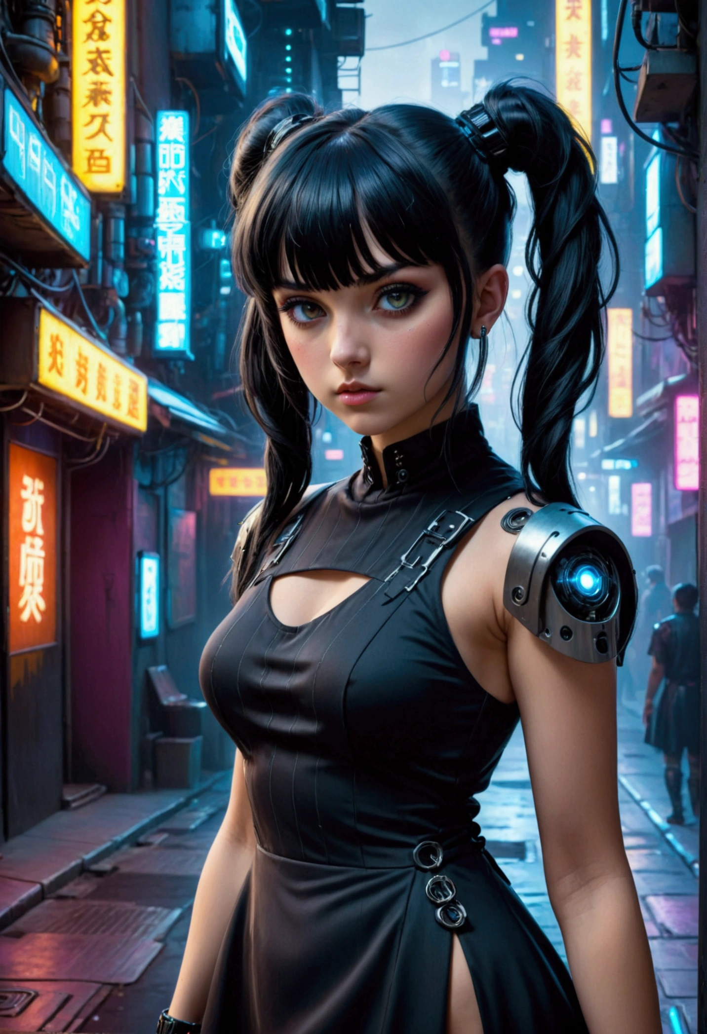 beautiful girl, caucasian, gray eyes, black hair with bangs and pigtails, nose ring, dresses sensually, in the background a dimly lit street in a cyberpunk city