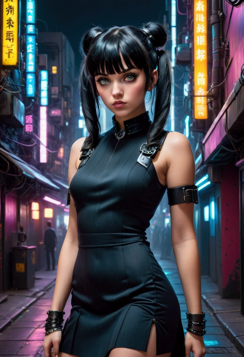 beautiful girl, caucasian, gray eyes, black hair with bangs and pigtails, nose ring, dresses sensually, in the background a dimly lit street in a cyberpunk city
