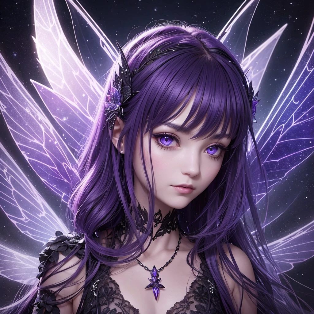 “Generate an extreme close-up portrait of a Nocturnal Fairy. The fairy should have dark black or purple hair, wings reflecting the night sky, and a mysterious, calm expression. The background should be heavily blurred to bring out the fairy’s enigmatic features with a dark, mystical color scheme.”