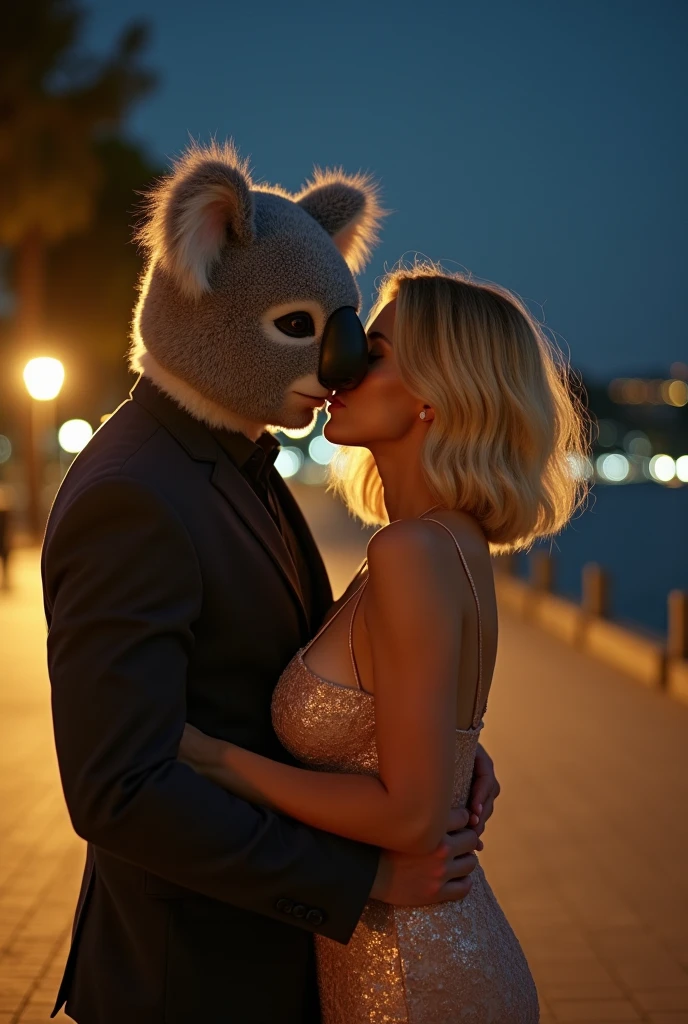 They took a photo of the two of them kissing while being affectionate with each other, and the man was wearing a koala mask and had blonde bob hair.、Her breasts are D cup and the background is a seaside park with a night view.