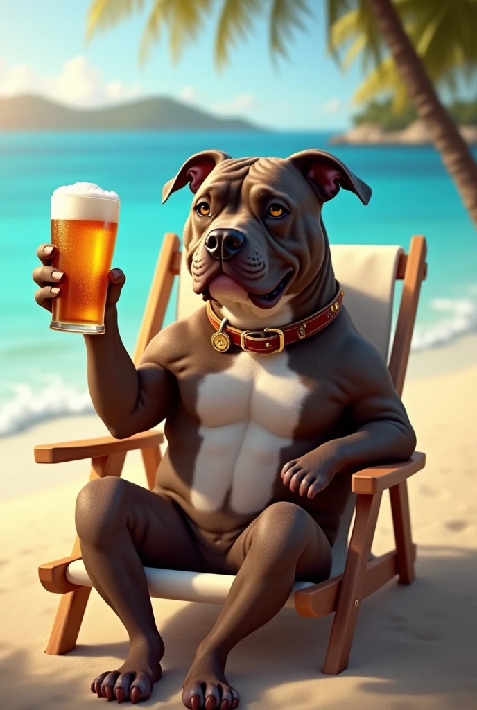 pitbull sitting on a beach chair with a glass of beer in his hand