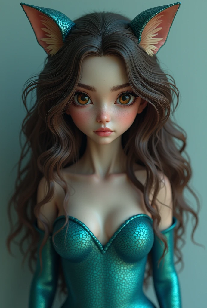 Light Black Mermaid, fox eyes and black, dark brown 3D curly hair with light brown highlights, half below the shoulder, round face and visible cheeks, blue tail realistic photo