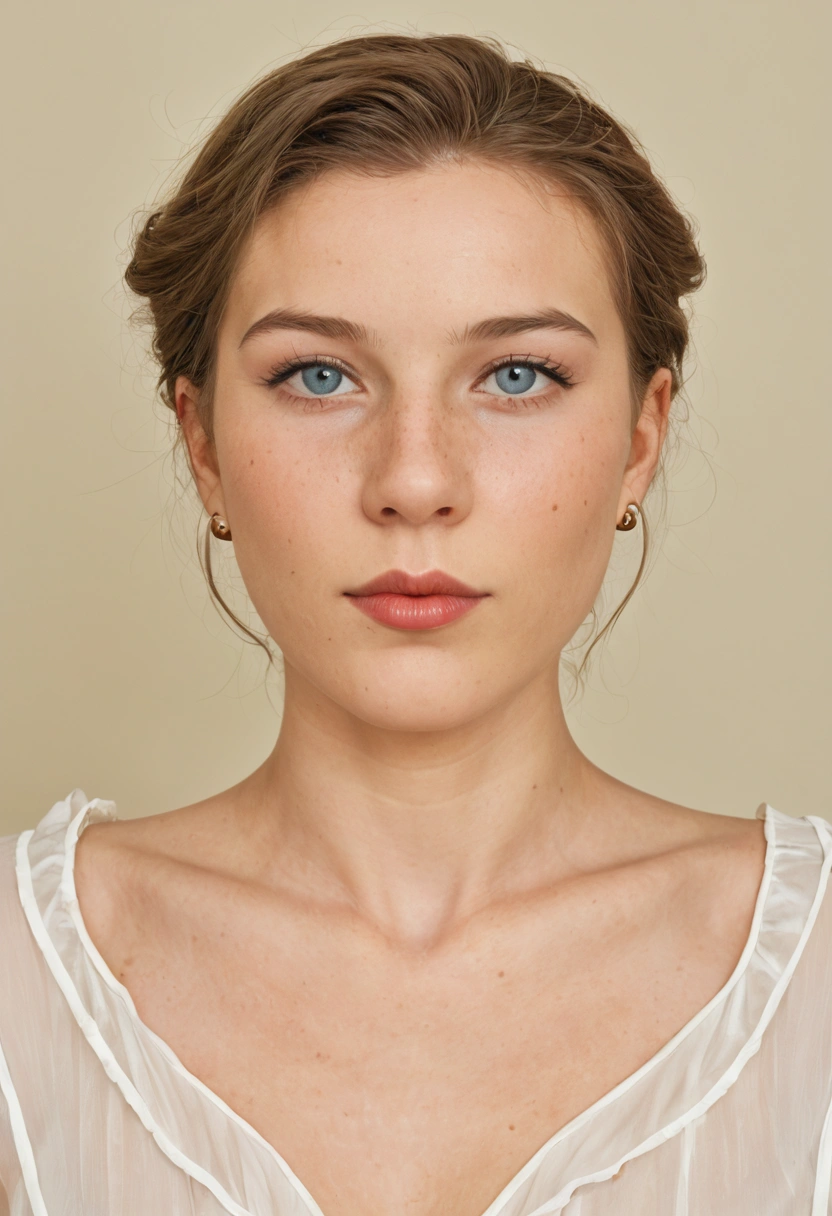 Crée une image hyperréaliste du visage d'une femme d'origine européenne, montrée sous trois angles différents en utilisant trois clones identiques. La première clone montre la femme regardant légèrement vers la gauche, la deuxième clone présente une vue de face, et la troisième clone la montre regardant légèrement vers la droite. La femme a un teint bronzé, des cheveux blonds attachés en un chignon ou une queue de cheval, et son grain de peau est clairement visible, avec des détails tels que des pores, de légères imperfections, et une texture naturelle. L'éclairage est doux et uniforme, mettant en valeur les contours du visage, les reflets subtils dans ses cheveux attachés, et la profondeur de son regard. Le fond est neutre pour focaliser toute l'attention sur les orientations du regard et les détails réalistes du visage.