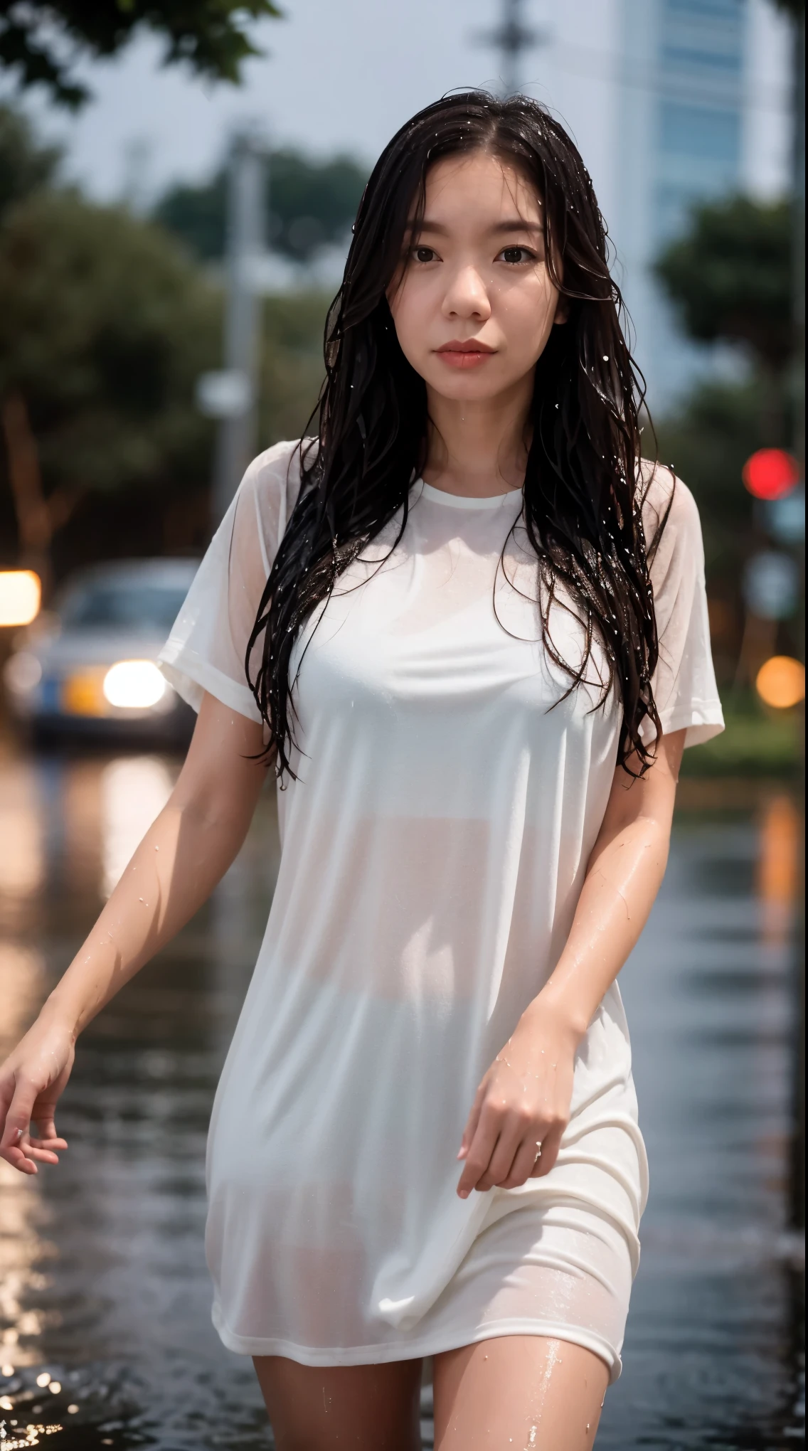 (masterpiece, best quality:1.2), 1girl, 35yo, solo, thick body, (dancing around), wet, wet hair, wearing soaked see trough, drenched, mini black dress, ParewaFace, standing against night town, wet road, rainy, blurry background, depth of field, ((bokeh)), (rain falling)