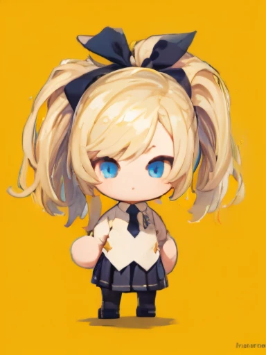 ((chibi)), big head, focus face, flat avatar, (masterpiece:1.2, highest quality), (Realistic, photoRealistic:1.4), Beautiful illustrations, (Natural Side Lighting, Cinema Lighting), Written boundary depth, Beautiful thighs staring at the viewer, 1 female, 20-year-old, alone, thin, slender, (small breasts), anime girl in a short red check skirt and Black blouse with formal collar ((yellow tie)), ((white sox)), yellow cardigan, ((Blue eyes)), Messy hair, High ponytail, hanayamata, single character full body, anime full body illustration, from girls frontline, full body single character, girls frontline style, anime vtuber full body model, render of april, full body with costume, full body illustration, visual novel sprite, fine details. girls frontline, necoark