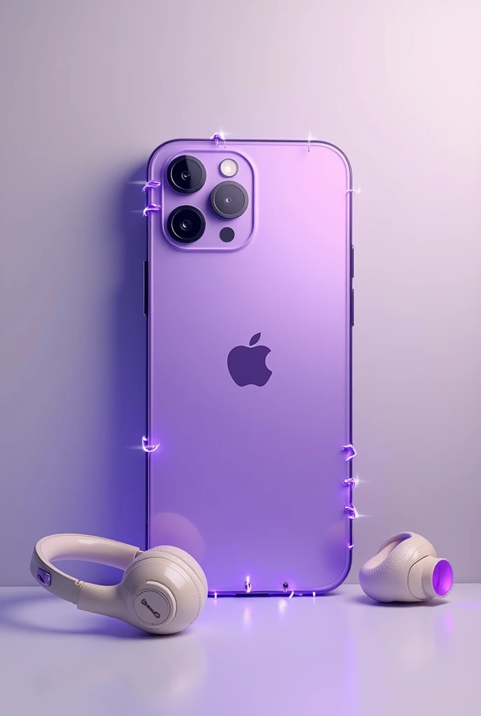 IPHONE 15 purple cell phone with lights along with beige wireless headphones