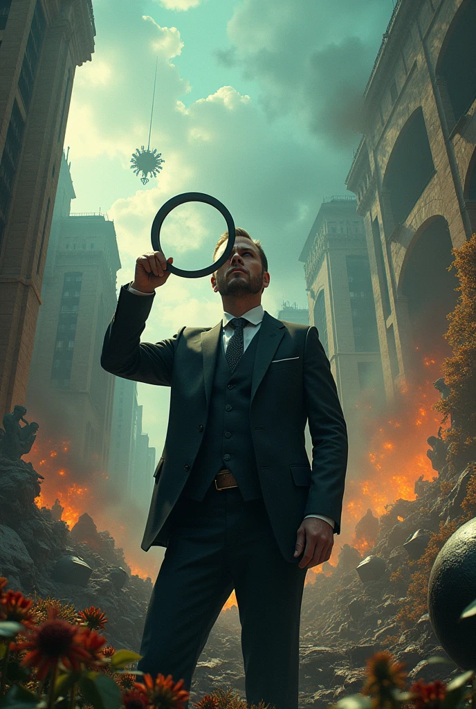 A man looking through a magnifying glass looking straight ahead. A scenario that appears to be beautiful and stunning but is in complete destruction with the world's elite