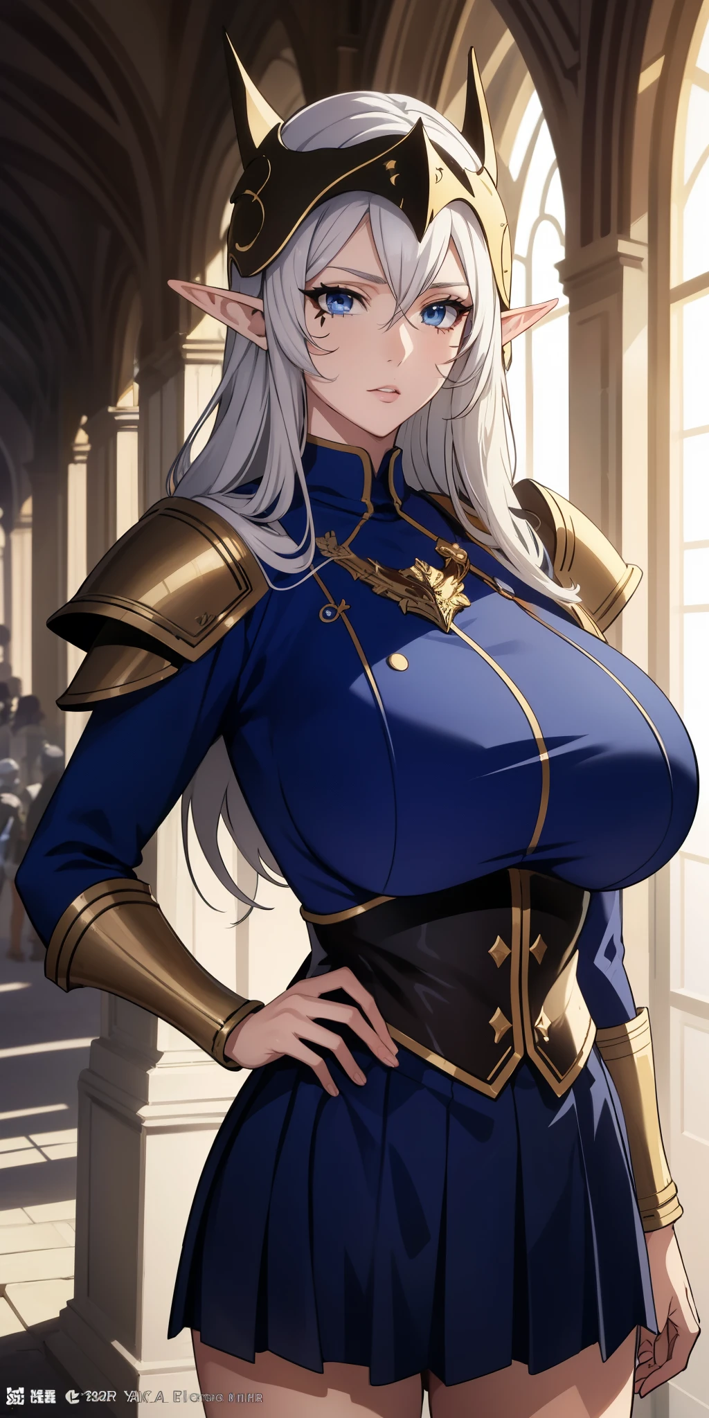 Blue gold Knight armor, knight helmet, skirt, huge , head band, busty, silver hair, elf ears, cool face, beauty mark under eyes, blue eyes, long hair, intrincate details, detailed, masterpiece, best quality, 4K, HDR, royal hall, gothic building, upperbody,