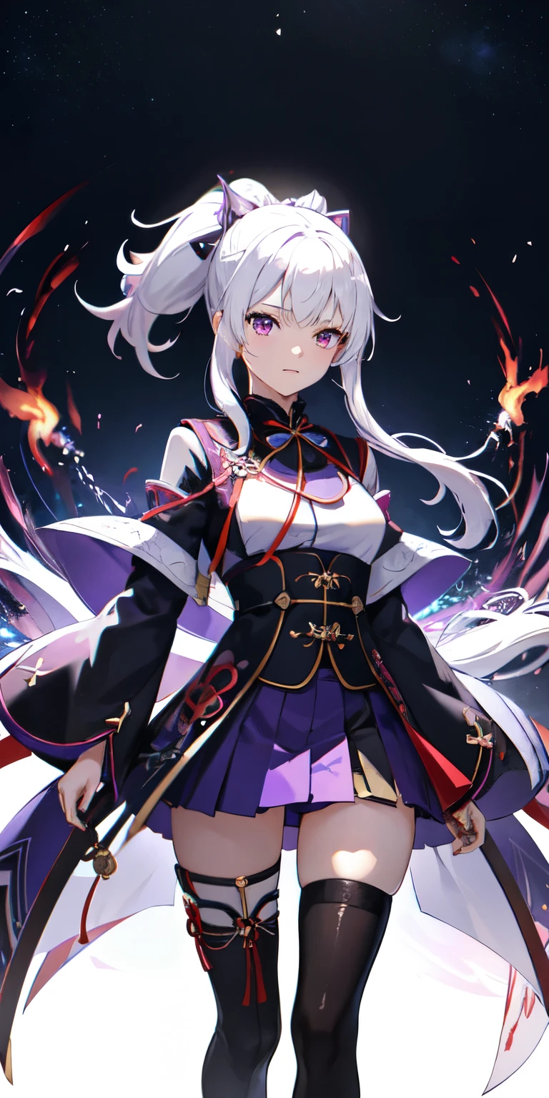 1girl, japanese clothes, ponytail ,white hair, purple eyes, magic circle, blue fire, blue flames, wallpaper, landscape, blood, blood splatter, depth of field, night, light particles, light rays, sidelighting, thighs, fate \(series\), genshin impact, ****, open jacket, skirt, thighhighs, cloud