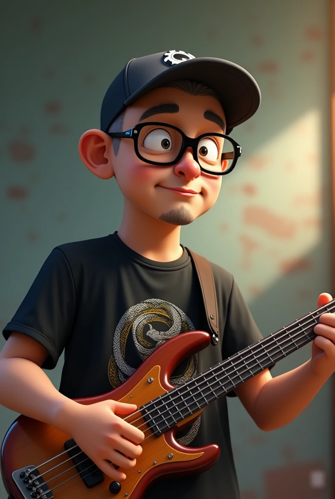 A cartoon character of a 50-year-old Japanese man with no beard, wearing a shaved head, a bass cap, black glasses and a T-shirt with a picture of a snake, holding a bass guitar, Anime characters, Stylized characters, Animation-style rendering, 3D stylized, Arnold Maya Rendering, 3D rendering style, toon render keyshot, 3D Characters, 3D Characters, 3D rendering style, 3D Charactersレンダリング, Cartoon characters, Close-up Character, Character pose, (Pixar Style) (Master Parts:1.2) (Bokeh) (Highest quality) (Fine skin) (Fine texture) (8k) (clay) (Cinema Lighting) (Sharp focus）