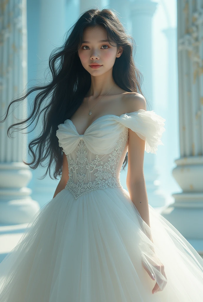 adolescent, Caucasian, wedding dress with neckline, long black hair. giant neckline, 30 cm high. blue eyes. pale and white skin. big breasts and slim build. full body image. 8k resolution. Heavenly fantasy background.