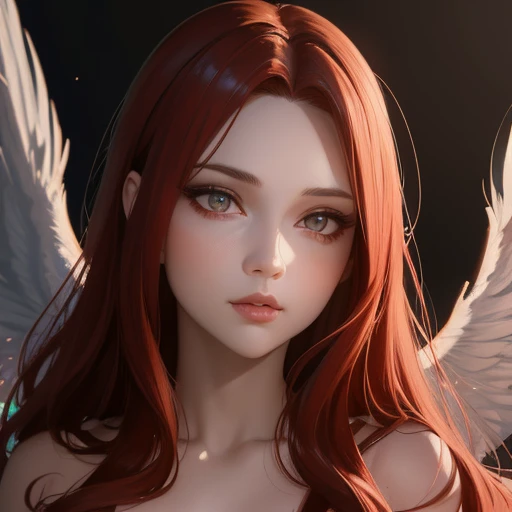a woman with long flowing red hair, beautiful detailed eyes, beautiful detailed lips, extremely detailed face, angel wings, glowing aura, ethereal lighting, warm color palette, photorealistic, 8k, high quality, intricate details, masterpiece, digital painting