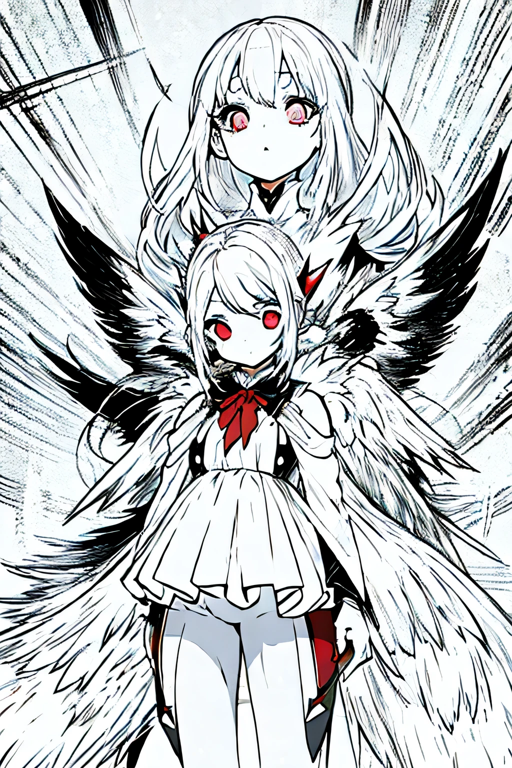 White hair, fully body, fly away, shy, devil costume, red eyes, demonio nos ombros, kawai, cute