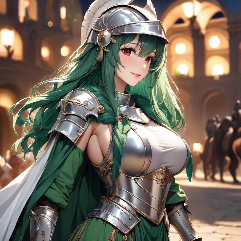absurd, 8K, high resolution, ultra-detailed, beautiful, masterpiece, best quality, very pretty woman, young, very pretty woman, sexy, (knight armor:1.5), green eyes, blue hair, (straight hair:1.5) sexy, detailed woman's face, very attractive, (very large breasts:1.3)