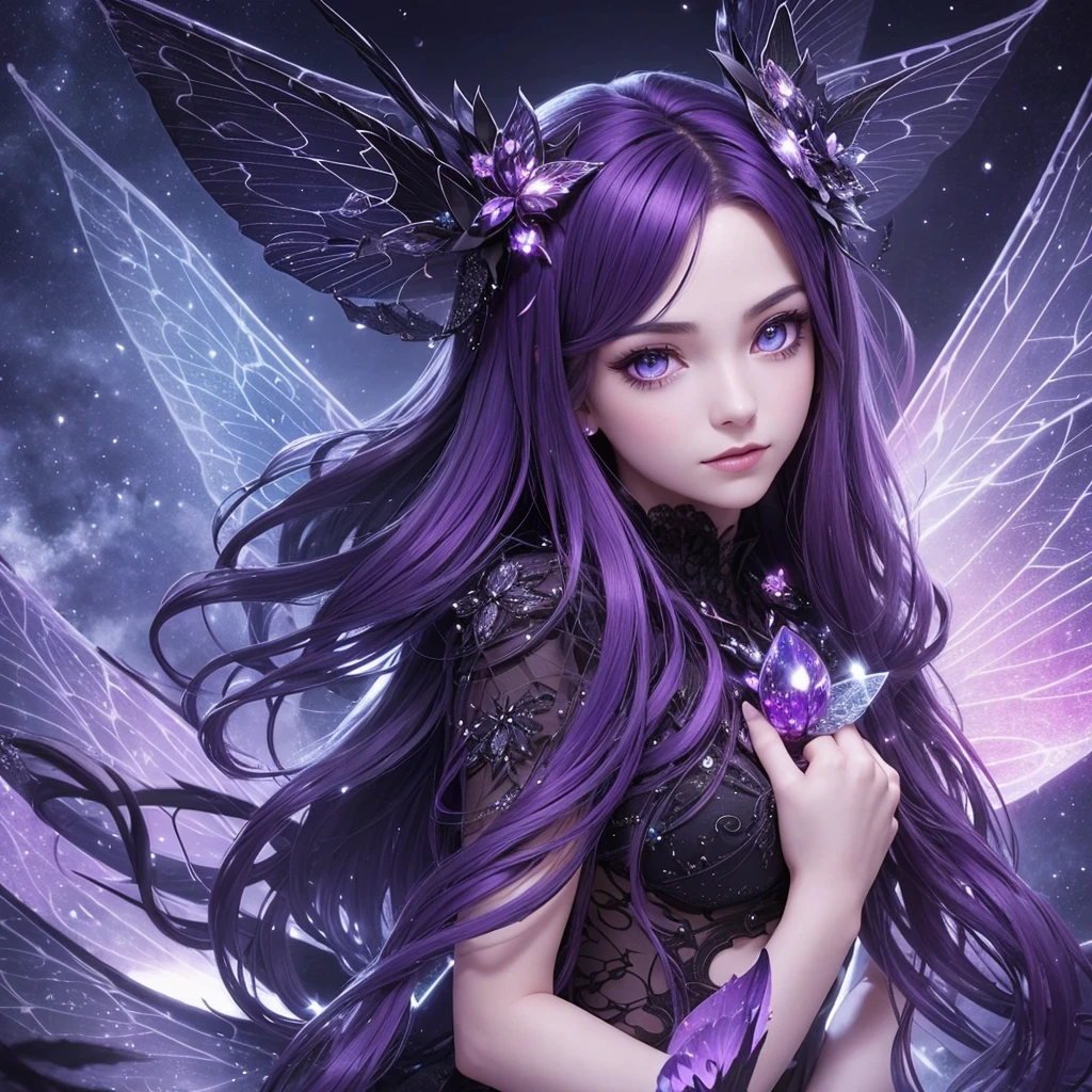 “Generate an extreme close-up portrait of a Nocturnal Fairy. The fairy should have dark black or purple hair, wings reflecting the night sky, and a mysterious, calm expression. The background should be heavily blurred to bring out the fairy’s enigmatic features with a dark, mystical color scheme.”