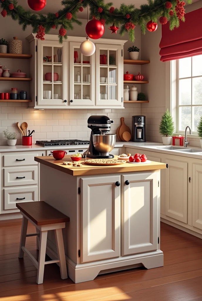 Please create an image of a photographic scene of a kitchen decorated for Christmas with white and red colors and some utensils in red or black., in the background there is a cabinet with three glass doors, a shelf and three more doors underneath, next to this cabinet there is a bench, on the other side there is another vertical cabinet without doors with three shelves, in the middle of the kitchen there is a narrow island where they prepare gingerbread cookies and on top of that island there is a black Kitchen Aid mixer. The kitchen only has a view from the front, has no side part. The cabinets are white with light brown wood details..