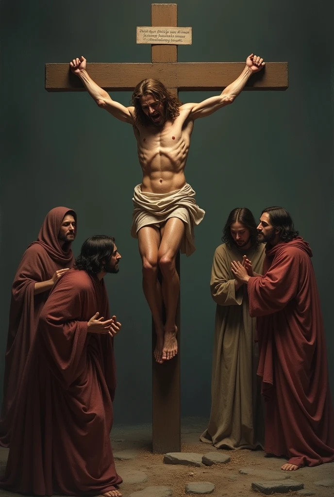 Jesus was crucified with great suffering, cry, touching and sad