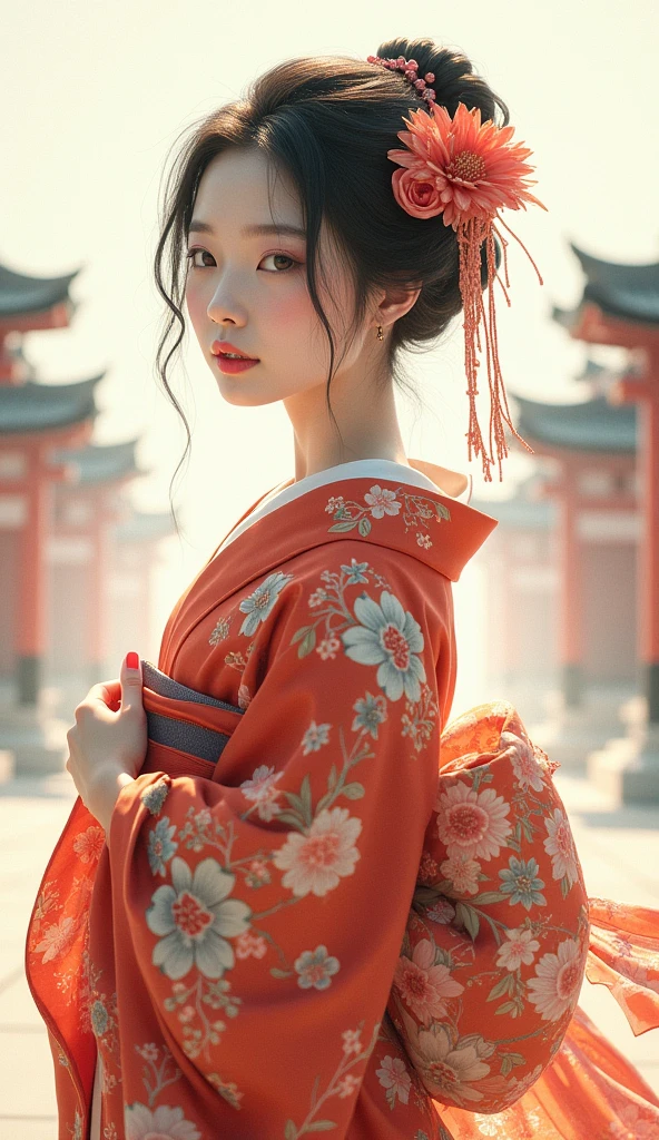 A beautiful young woman wearing brightly colored Japanese clothing、A charming expression、A peerless beauty created by CG、Japanese clothing with a floral pattern on a white background、Full Body Shot、background、Shrines and temples、Ukiyo-e style Japanese painting、