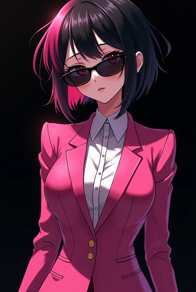 20 years old Anime girl with black and pink hair, wearing pink tuxedo and black shades, black background
