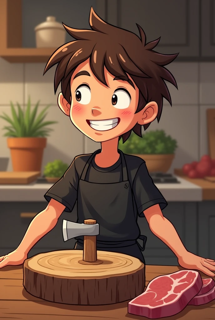 19 year old boy smiling cartoon style, disheveled, long hair brown skin, thin and sharp face, Skinny body, Medium and thin nose with outstretched arms dressed in a long black short-sleeved shirt and a black kitchen apron, showing a kitchen axe stuck into a wooden log for cutting meat 