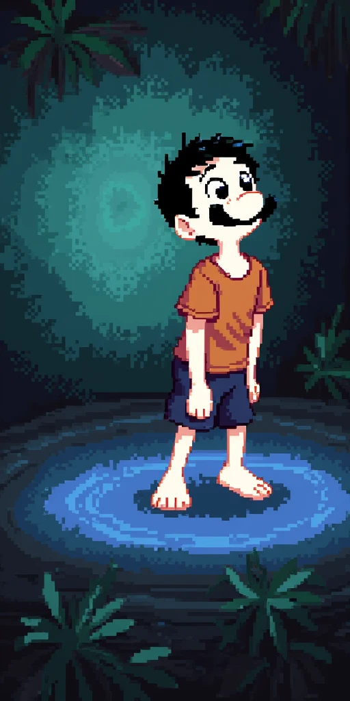 Disney pixel style boy, black hair, barba, orange shirt, and green background 