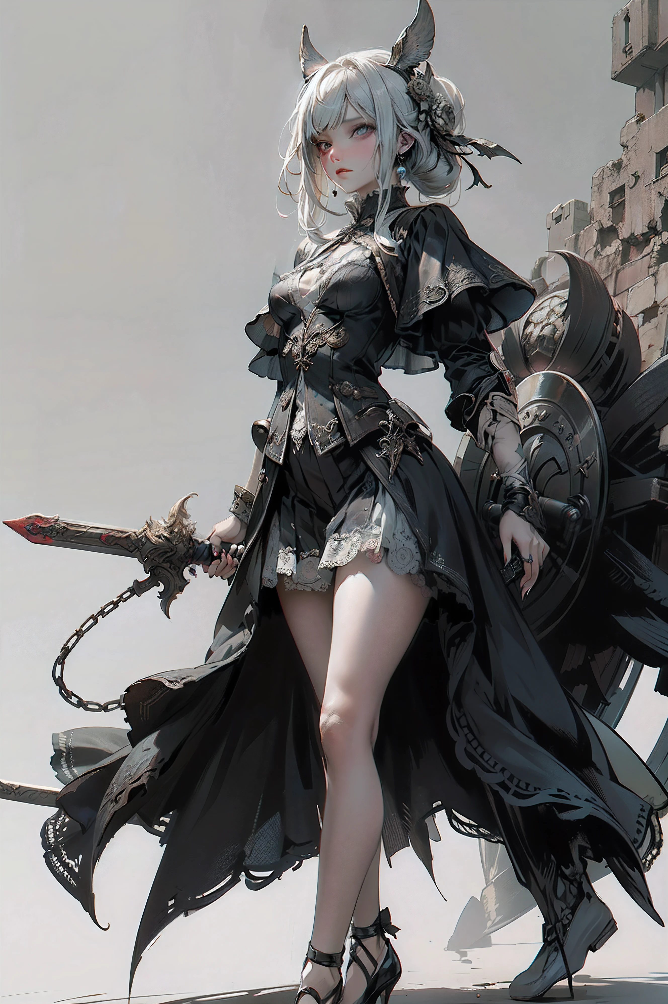 ((best quality)), ((masterpiece)), (detailed), blank white background, plain background, white background, Bloodborne inspired,  occult aesthetic, occult, detailed and intricate steampunk and detailed gothic, NSFW, Very dramatic and cinematic lighting, cosmic horror, grim-dark, side-lighting, perfect face, a beaituful goddess valkyrie adorned and enshrined in armour, Bloodborne inspired valkyrie, occult aesthetic valkyrie, occult valkyrie, detailed and intricate steampunk and detailed gothic valkyrie, wielding a sword and holding a shield, NSFW, Fluttering lace flared long knee length dress with frilly petticoats, knee length dress, pleated petticoats, lolita dress, petticoats gothic lolita, side-lighting, gothic lolita aesthetic, beautiful small breasts, small breasts, full body, whole body, body, plain background, white background, blank background, no background, white background NSFW, full body, whole body, head-to-toe