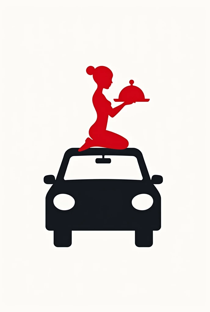 red faceless waitress shape sitting on top of a black car and the waitress holding a tray, for a logo