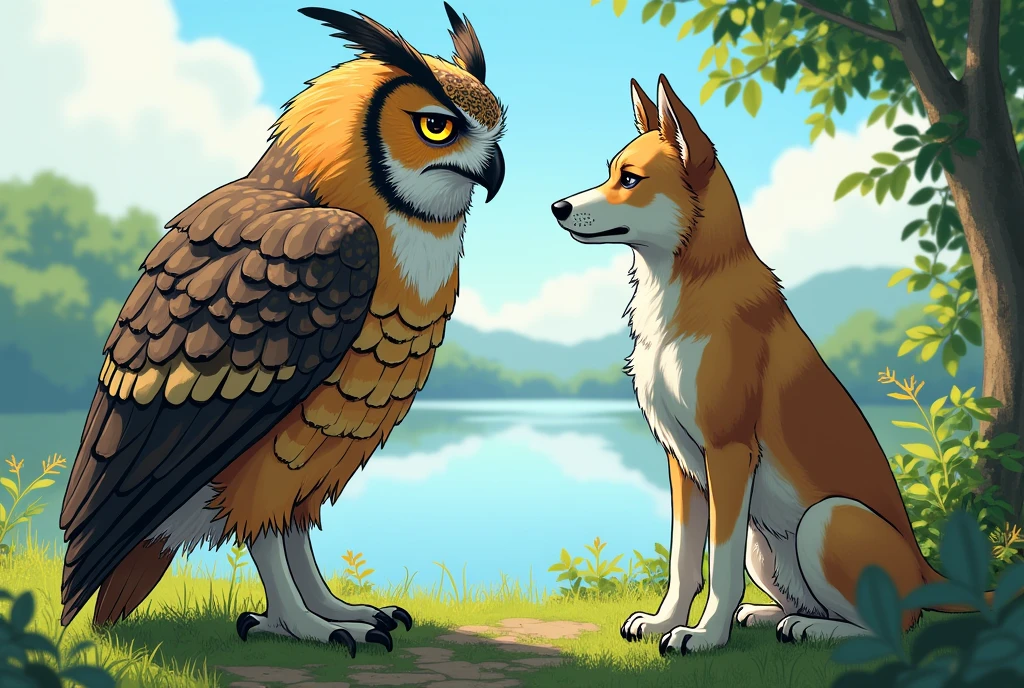 draw an owl and a dog talking seriously a little far away from a lake, facing the screen (with Japanese manga features)
