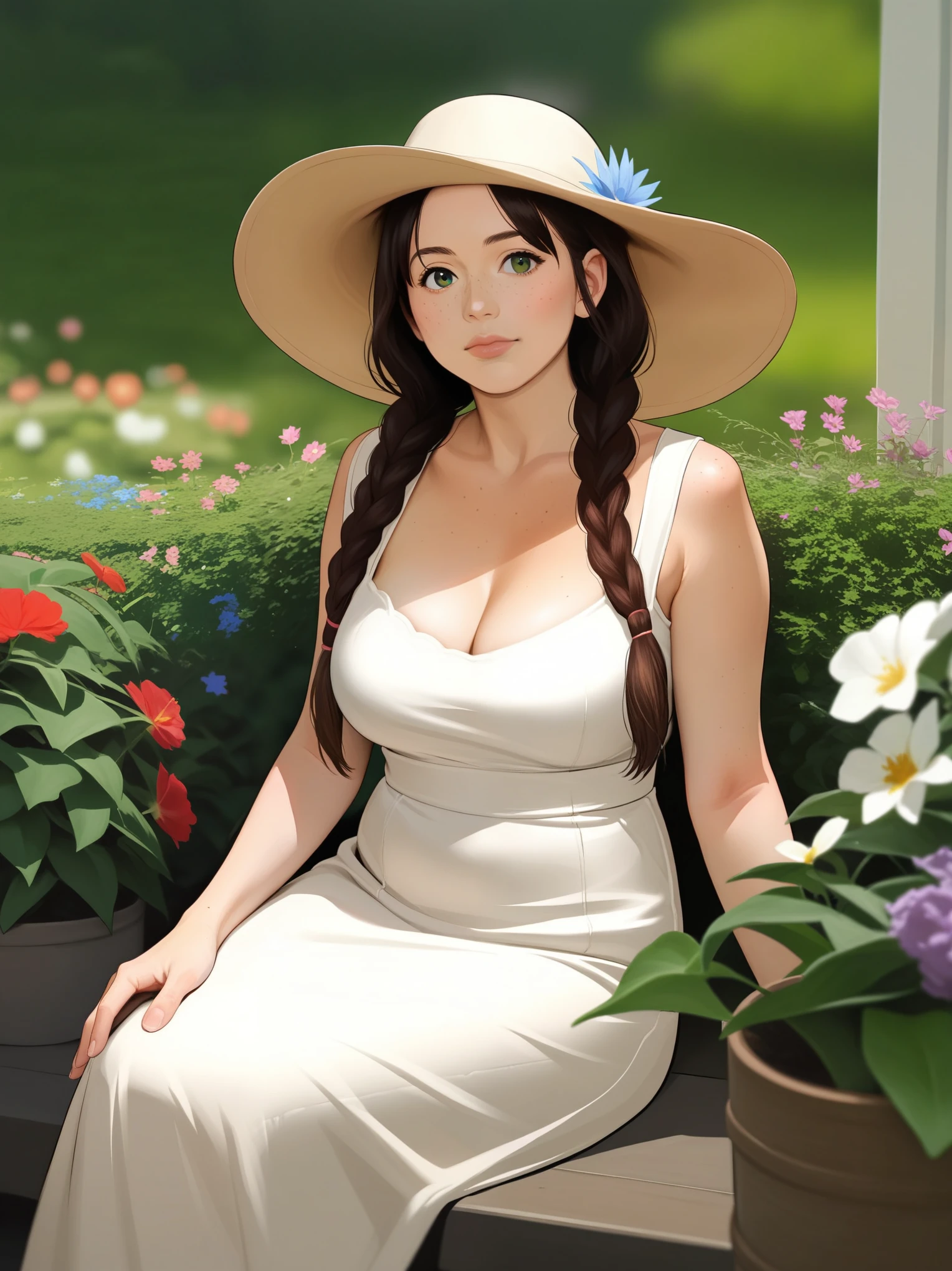 score_9, score_8_up, score_7_up, BREAK, rating_safe, zy_mirabel, 1girl, long hair, hat, flower, braid, freckles, hat flower, twin braids, large breasts, green eyes, sit, garden, realistic, photo, real hair, detailed skin, highly detailed, detailed skin, depth of field, film grain,animation, ikuchan