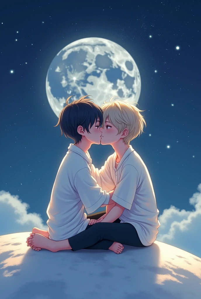 A cute image of two boys sitting on the moon kissing. They are both wearing a white loose shirt with black pants. In the background are the stars. The image has to be in anime.