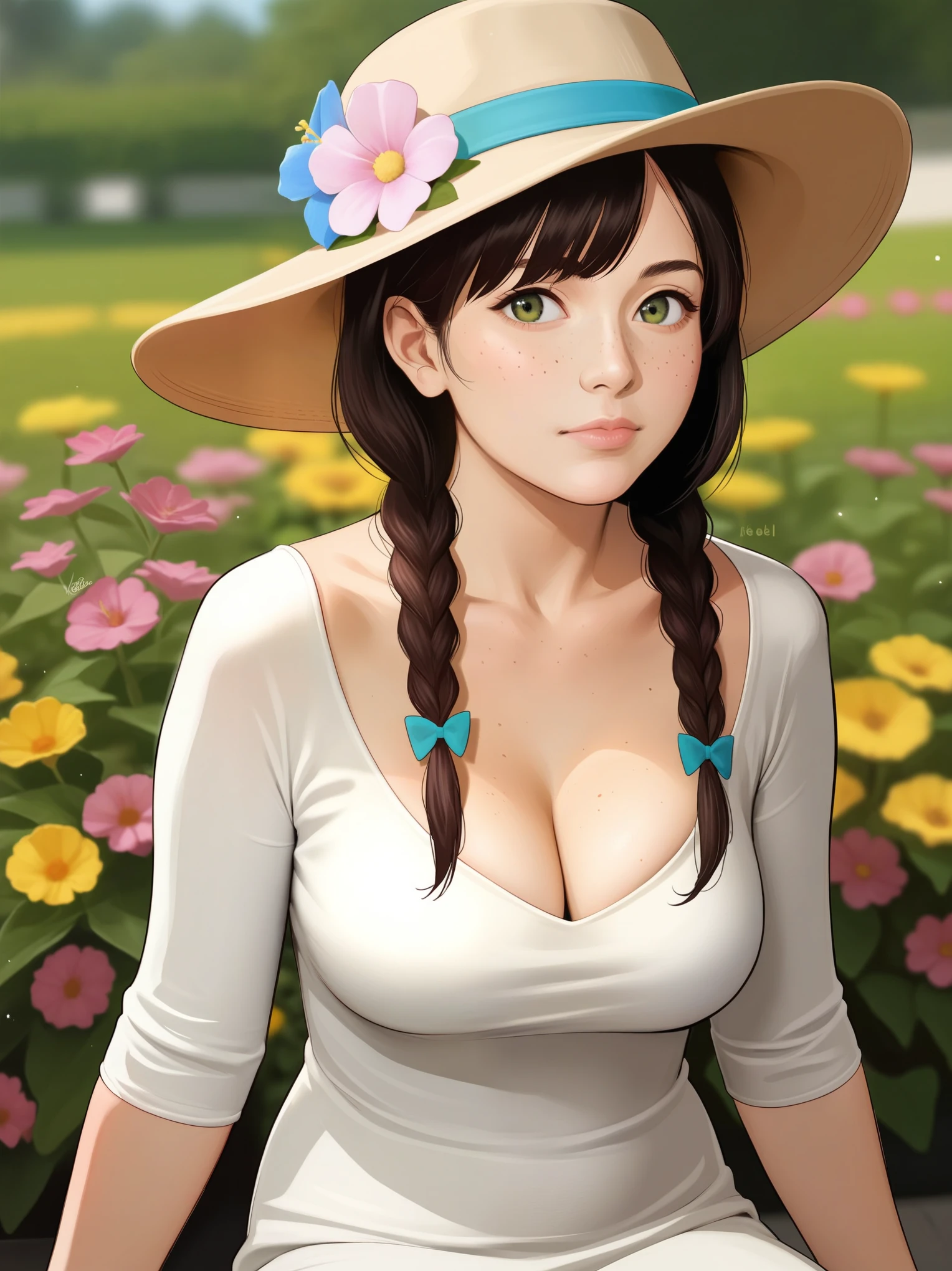 score_9, score_8_up, score_7_up, BREAK, rating_safe, zy_mirabel, 1girl, long hair, hat, flower, braid, freckles, hat flower, twin braids, large breasts, green eyes, sit, garden, realistic, photo, real hair, detailed skin, highly detailed, detailed skin, depth of field, film grain,animation, ikuchan
