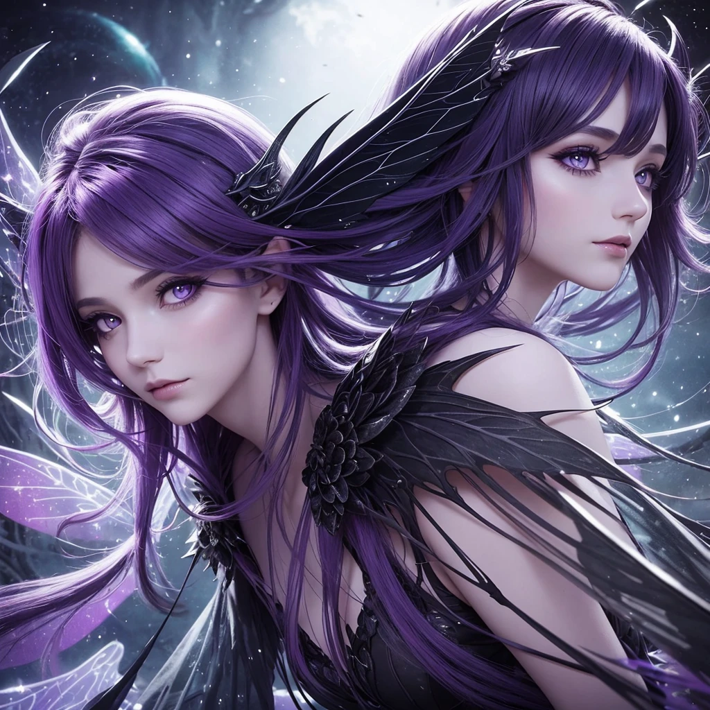 “Generate an extreme close-up portrait of a Nocturnal Fairy. The fairy should have dark black or purple hair, wings reflecting the night sky, and a mysterious, calm expression. The background should be heavily blurred to bring out the fairy’s enigmatic features with a dark, mystical color scheme.”