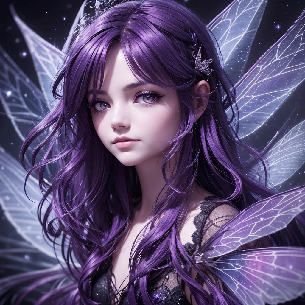 “Generate an extreme close-up portrait of a Nocturnal Fairy. The fairy should have dark black or purple hair, wings reflecting the night sky, and a mysterious, calm expression. The background should be heavily blurred to bring out the fairy’s enigmatic features with a dark, mystical color scheme.”