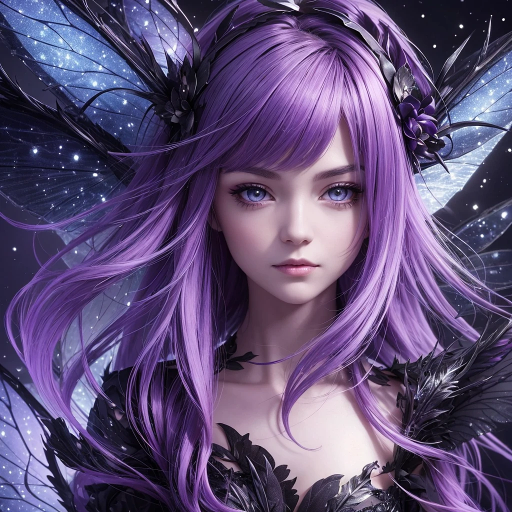 “Generate an extreme close-up portrait of a Nocturnal Fairy. The fairy should have dark black or purple hair, wings reflecting the night sky, and a mysterious, calm expression. The background should be heavily blurred to bring out the fairy’s enigmatic features with a dark, mystical color scheme.”