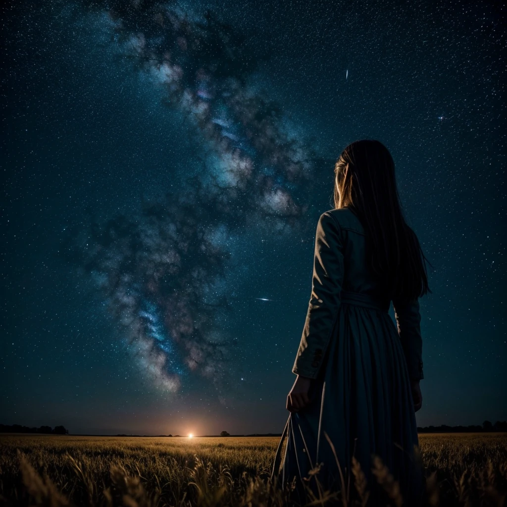 The girl stands in the field and looks at the galaxy, the stars, cinematic, film, realistic