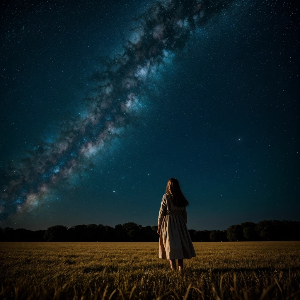 The girl stands in the field and looks at the galaxy, the stars, cinematic, film, realistic