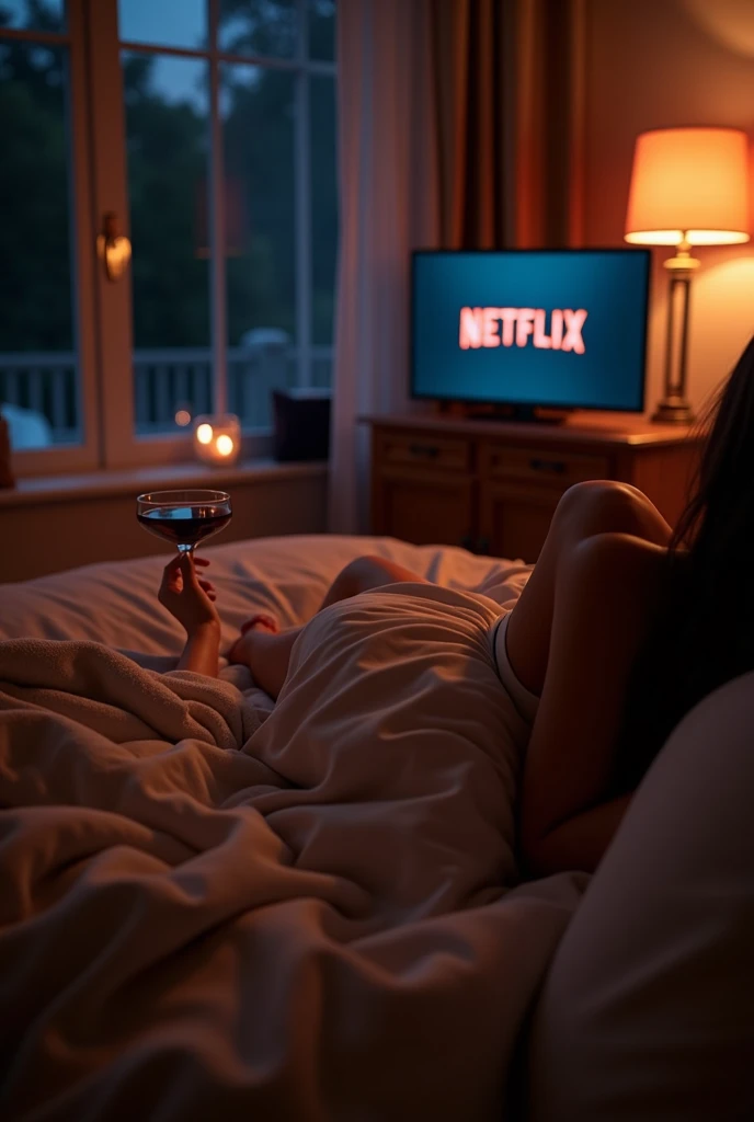 a bed, a tv connected with netflix, the night, a woman holding a glass of wine