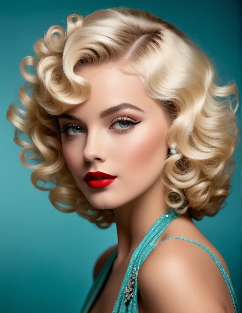 A stunningly alluring 25-year-old woman with a captivatingly curly platinum blonde bob and elegant bangs exudes classic Hollywood glamour reminiscent of the 1950s. Her full-length figure embodies timeless beauty and sophistication. This striking portrait, whether a painting or photograph, showcases her flawless features and radiant aura. Each detail, from her luscious curls to her glamorous ensemble, is depicted with exquisite precision, capturing the essence of vintage elegance in high definition.
