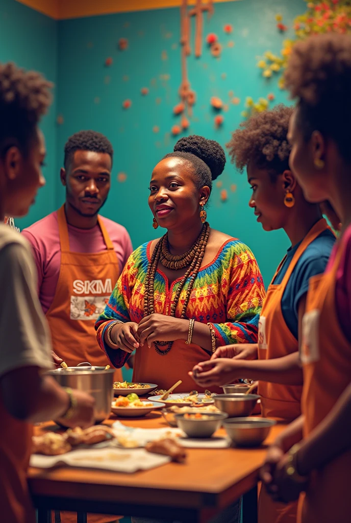 Bonjour, créer une image d'un atelier cuisine au CENTRE CULTUREL MACUMBA. Les élèves portent des tabliers à logo SKM. Manbo Atabey, preside l atelier, aux enfants, la cuisine haïtienne. Elle est vêtue d'un boubou haïtien., colliers, bracelets, Boucles d'oreilles en bois. cadre coloré, lumineux