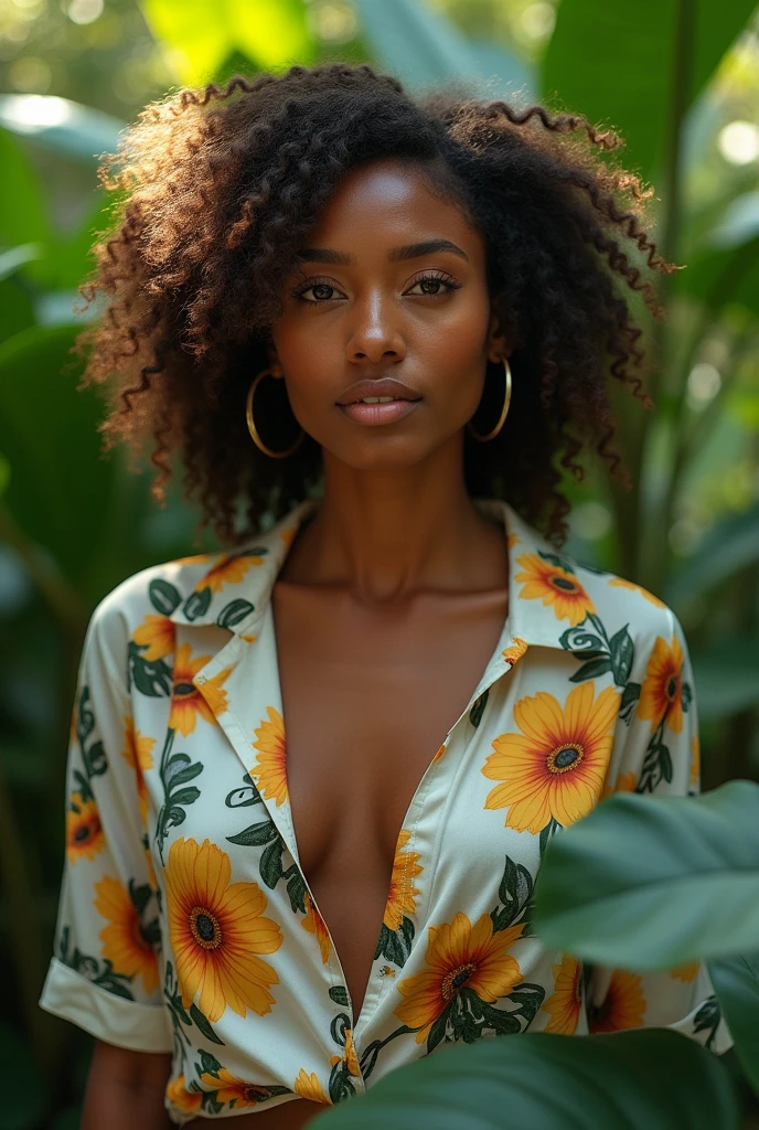 A Brazilian woman in a lush tropical garden, wearing an open shirt with a floral print, with a close-up capturing the harmonious beauty between her breasts and the natural flowers, showing off your natural charm and outgoing personality.