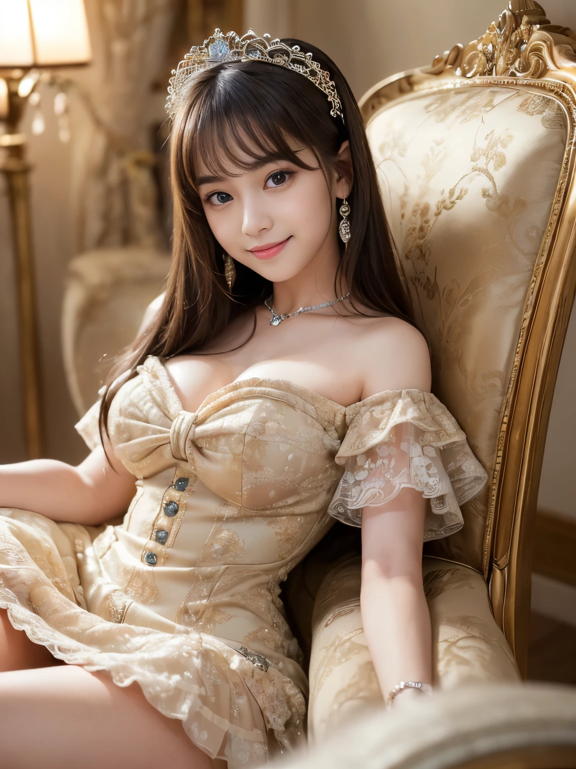 (Best-quality, Masterpiece, Ultra-High-Resolution, (Photorealistic:1.4), Raw Photo, depth of field, professional lighting, perfect anatomy, extremely details), in luxury-hotel-suites, (1girl, 15-years-old, the most famous Japanese idol, sitting on luxurious-chair, innocent smile), (((extremely cute face like the most popular Japanese idol)), ((extremely cute and extremely big eyes)), ((extremely beautiful and extremely realistic skins)), ((wearing cute dress, detailed cute-dress))), extremely beautiful hair, extremely beautiful long-eyelashes, extremely beautiful lips, extremely attractive body, extremely beautiful thighs, (detailed luxury-hotel-suites, detailed luxurious-chair)