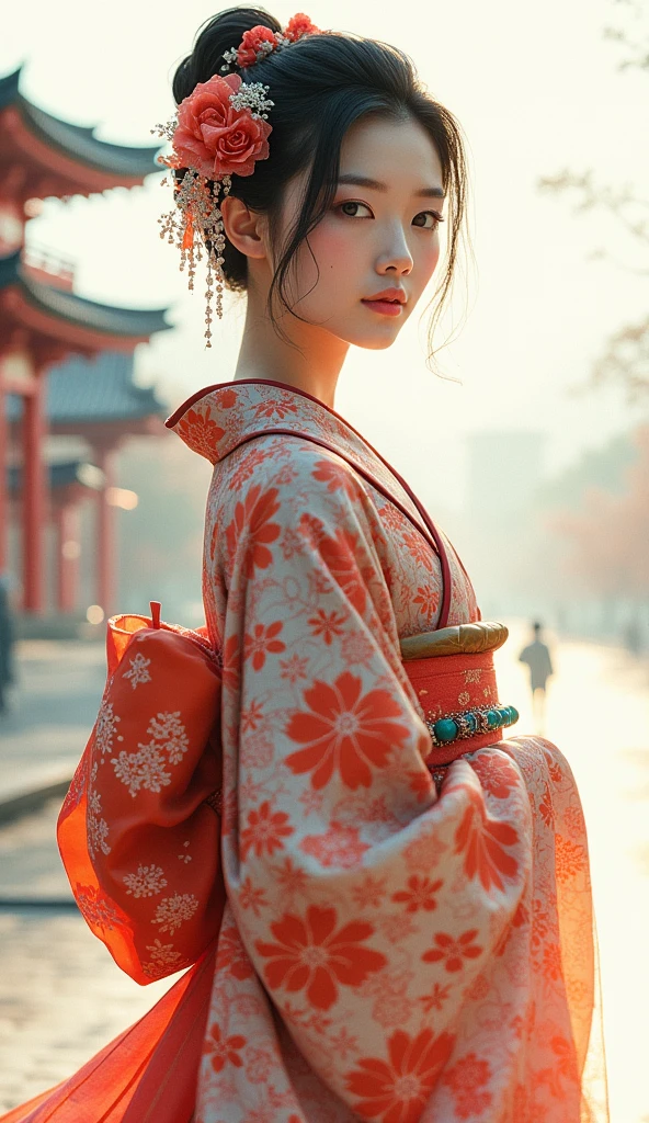 A beautiful young woman wearing brightly colored Japanese clothing、A charming expression、A peerless beauty created by CG、Japanese clothing with a floral pattern on a white background、Full Body Shot、background、Shrines and temples、Ukiyo-e style Japanese painting、