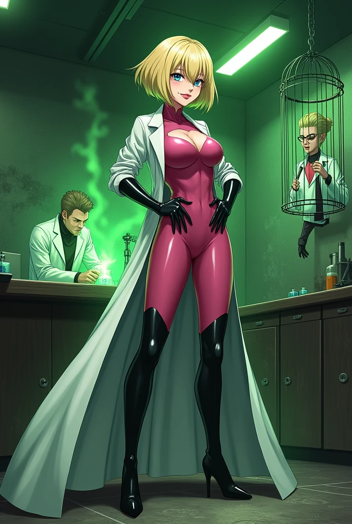 Anime style, Sultry and Beautiful young woman with a soul of pure evil and hatred. Short blonde hair that covers her left eye and blue eyed supervillain dressed in a sleek skintight pink bodysuit, long black gloves and black calf high boots. A long white lab coat over her bodysuit competes the look. She is posing and emanating green energy. She has a smile crossing her thin red lips. The setting is a dirty laboratory with a captured costumed hero in a cage. She is creating poisons in a lab.