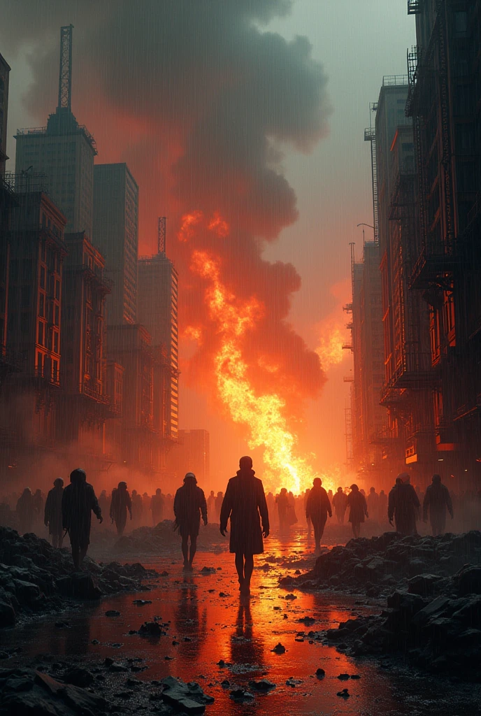 City in flames and rain