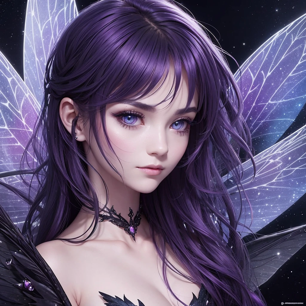 “Generate an extreme close-up portrait of a Nocturnal Fairy. The fairy should have dark black or purple hair, wings reflecting the night sky, and a mysterious, calm expression. The background should be heavily blurred to bring out the fairy’s enigmatic features with a dark, mystical color scheme.”